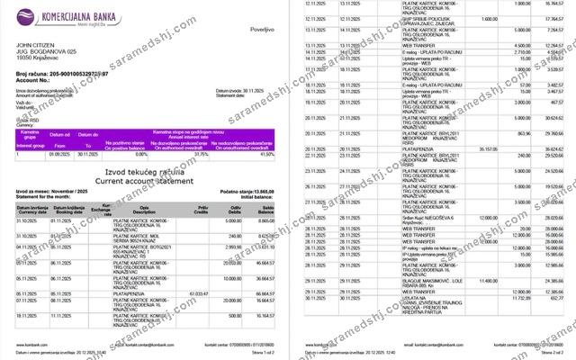 Serbia Komercijalna Banka account statement Word and PDF template, 2 pages